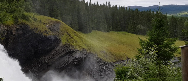 Vattenfall, klippor, skog och gräs Vattenfall, klippor, skog och gräs