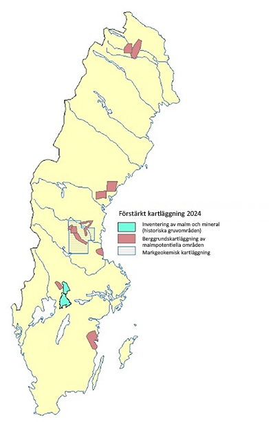 Karta &ouml;ver de omr&aring;den SGU d&auml;r SGU g&ouml;r f&ouml;rst&auml;rkt kartl&auml;ggning av berggrunden
