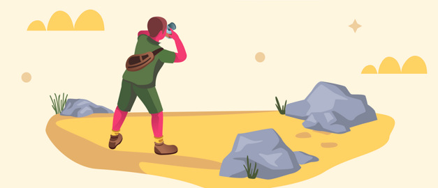 En illustration med en figur som står bland stora stenblock och tittar genom en kamera En illustration med en figur som står bland stora stenblock och tittar genom en kamera