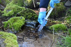 Bilden visar två händer som arbetar med att provta grundvatten med hjälp av en spruta.