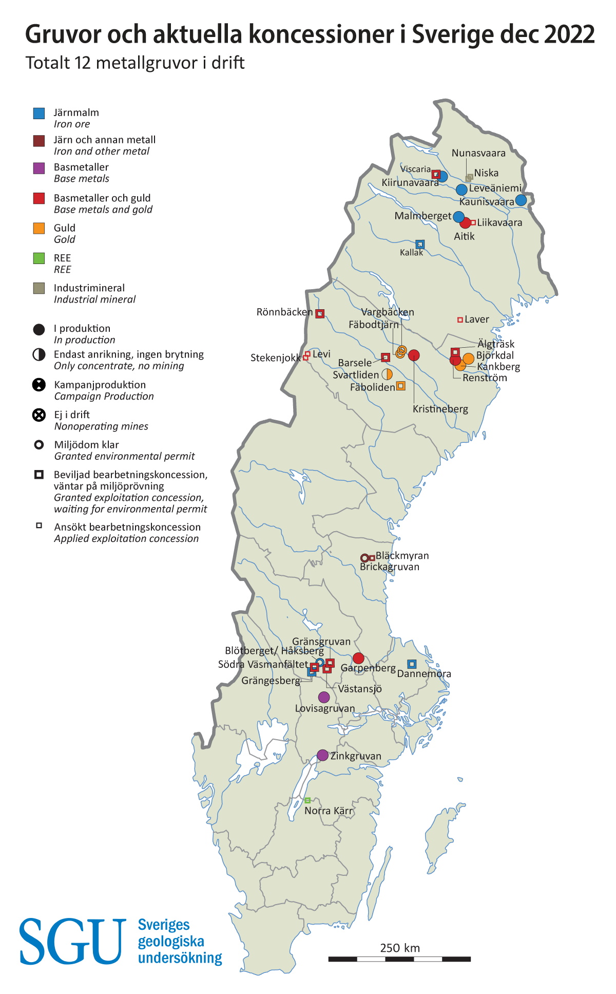 Karta över Gruvor och aktuella bearbetningskoncessioner i Sverige 2021