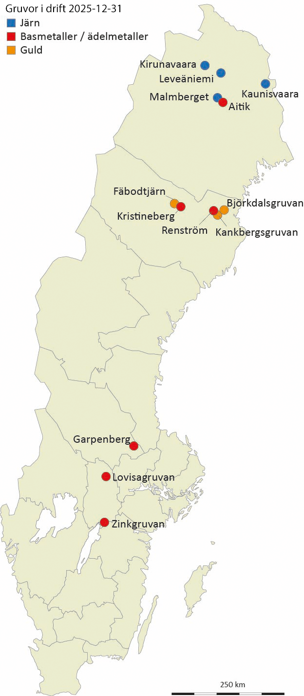 Karta över gruvor i Sverige.