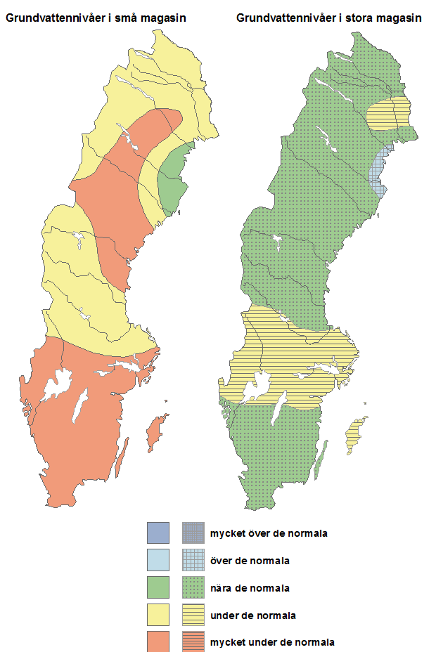 Kartan visar grundvattenniv&aring;er i sm&aring; och stora magasin juli 2018