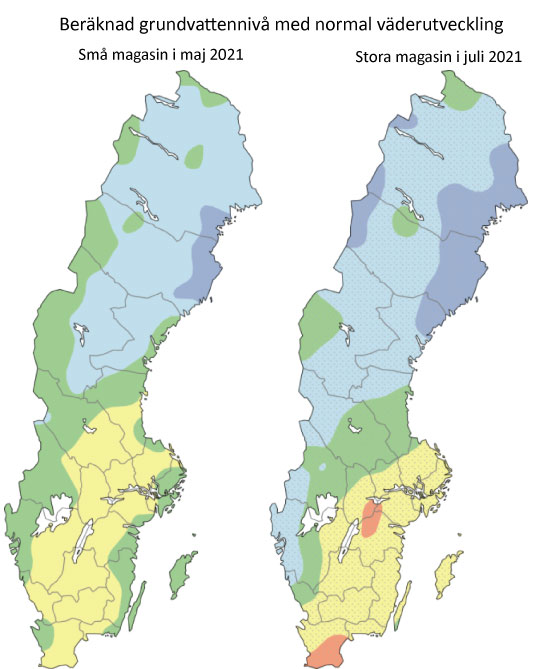 Grundvattennivåer i maj och juli för små och stora magasin.