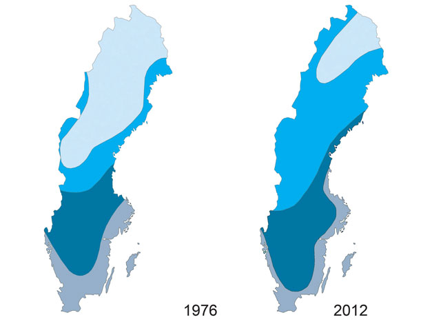 Bild för en jämförelse mellan den senaste regimkartan från 2012 och den föregående regimkartan från 1976 som visar att den nordligaste regimen har minskat kraftigt i utbredning.