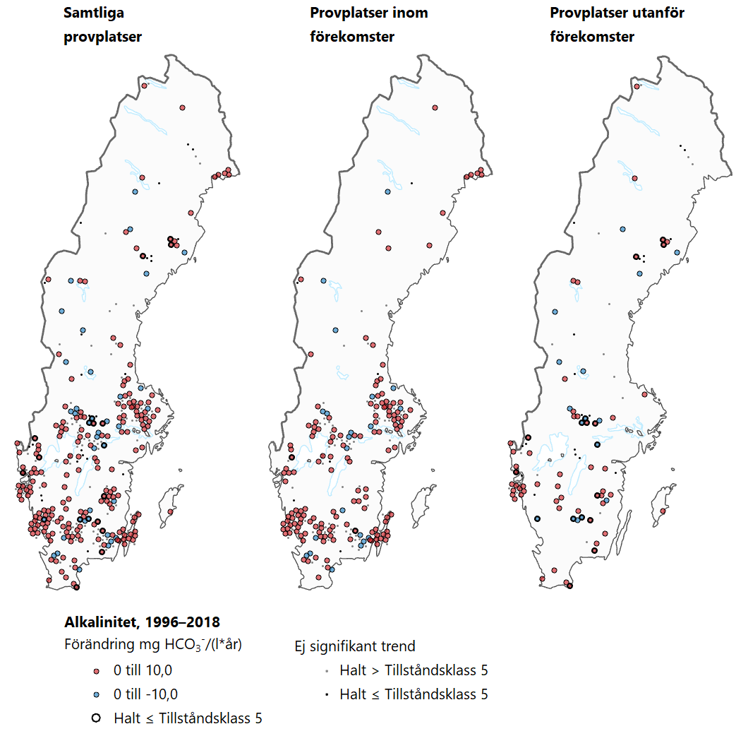 Tre Sverigekartor som visar trender för alkalinitet under perioden 1996–2018.