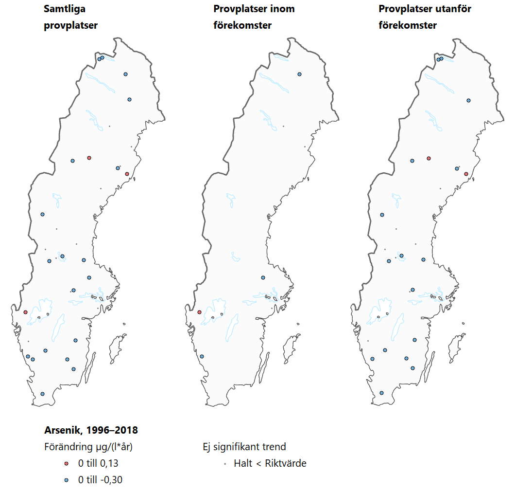 Tre Sverigekartor som visar trender för arsenik under perioden 1996-2018. 