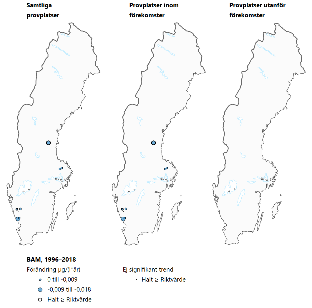  Tre Sverigekartor som visar trender för BAM under perioden 1996–2018.