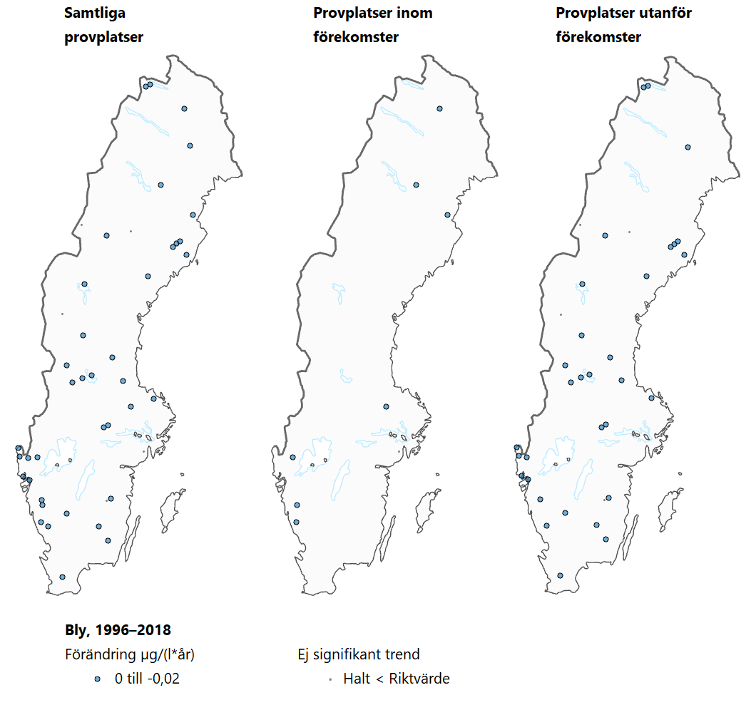 Tre Sverigekartor som visar trender för bly under perioden 1996–2018.