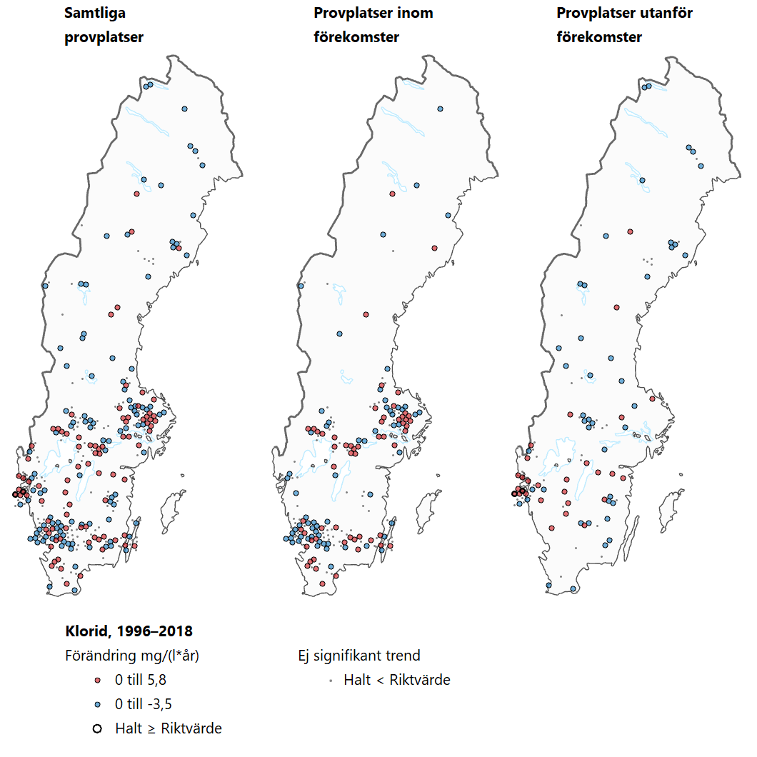 Tre Sverigekartor som visar trender för klorid under perioden 1996–2018.