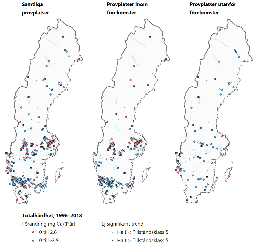 Tre Sverigekartor som visar trender för totalhårdhet under perioden 1996–2018.