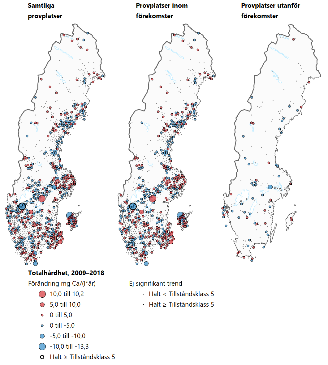 Tre Sverigekartor som visar trender för totalhårdhet under perioden 2009–2018.