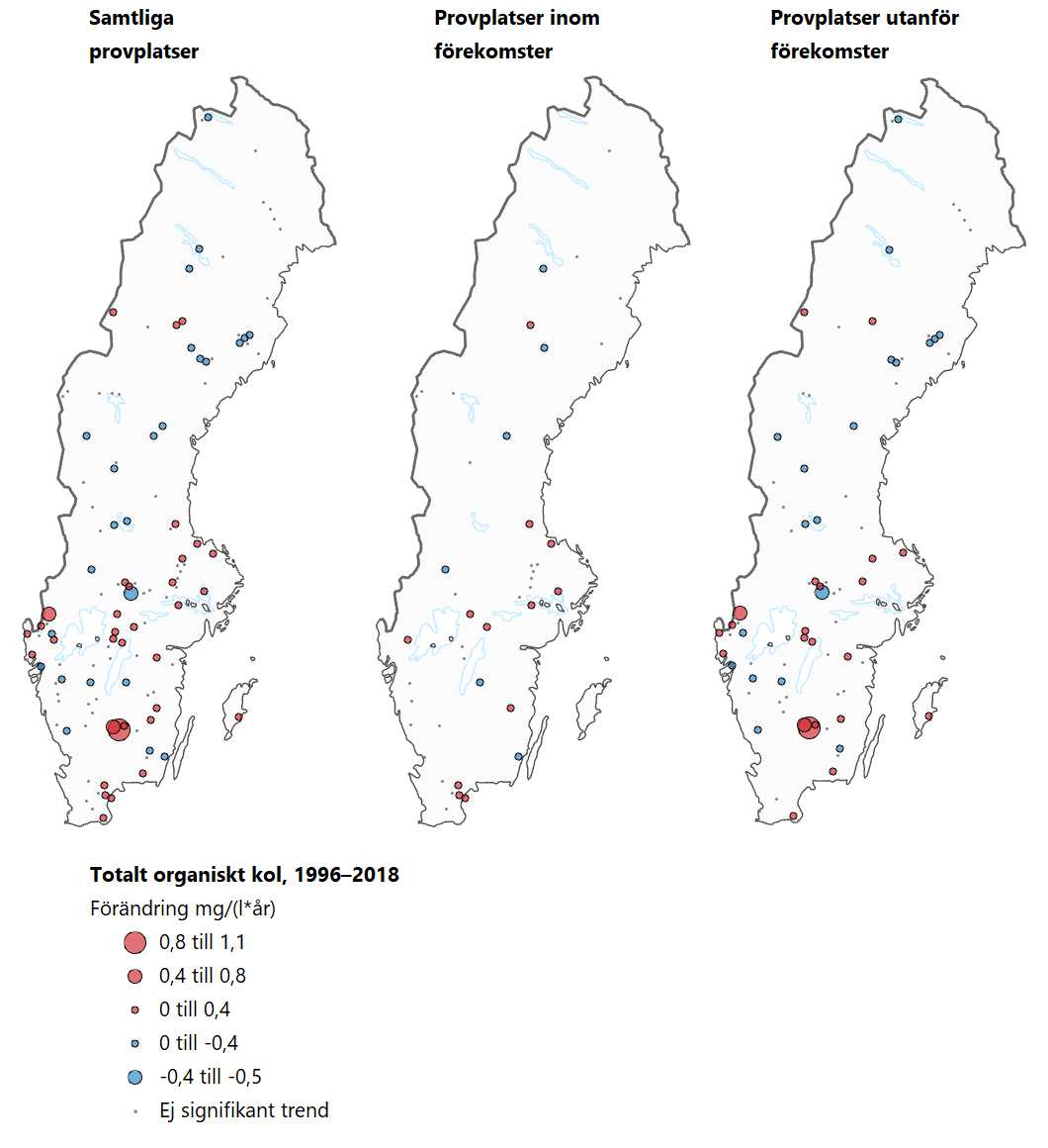 Tre Sverigekartor som visar trender för totalt organiskt kol under perioden 1996–2018.