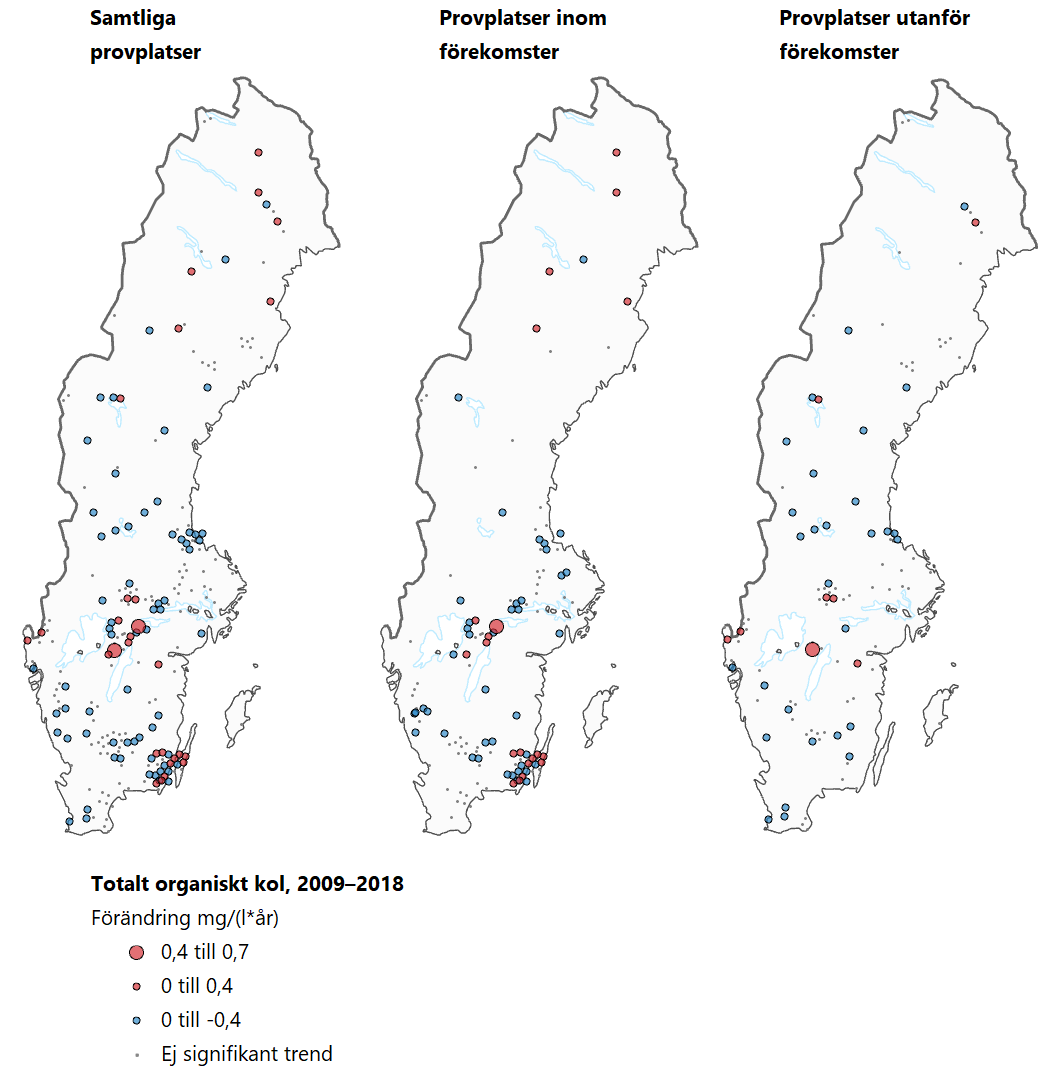 Tre Sverigekartor som visar trender för totalt organiskt kol under perioden 2009–2018.