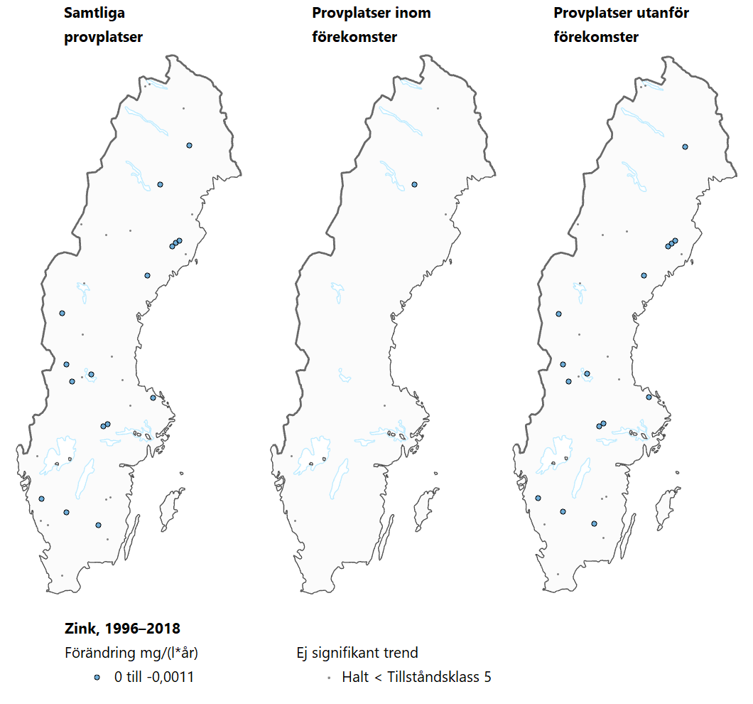 Tre Sverigekartor som visar trender för zink under perioden 1996–2018.