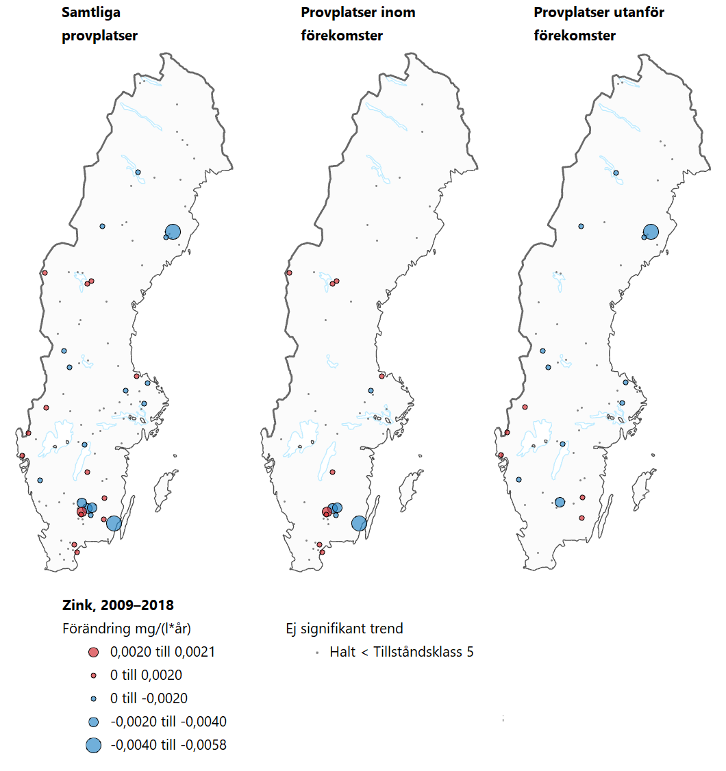 Tre Sverigekartor som visar trender för zink under perioden 2009–2018.