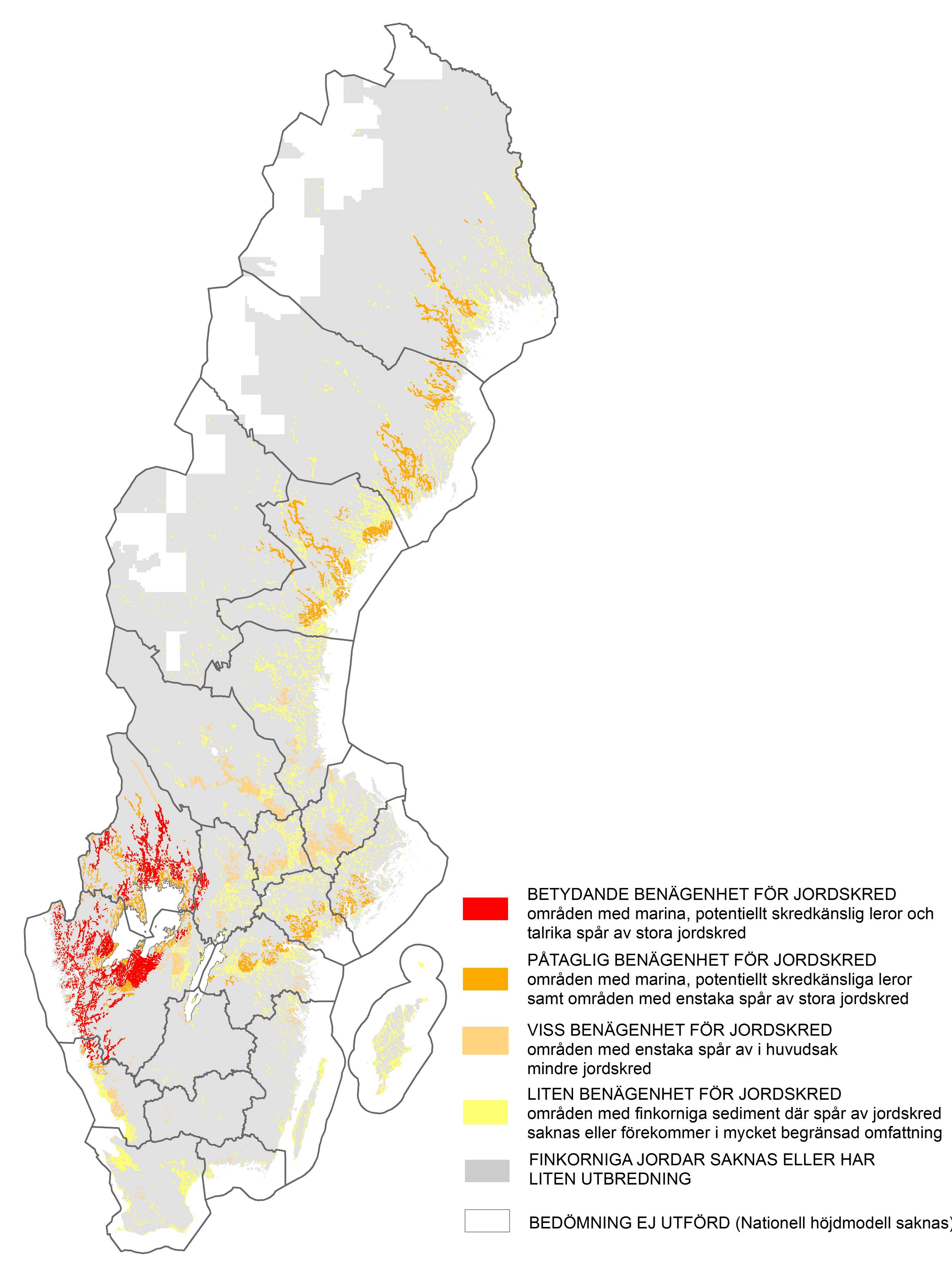 Karta över Sverige som visar skredkänsliga områden. Karta.