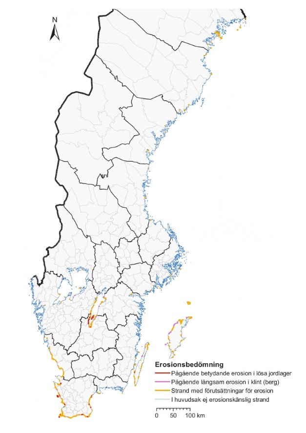 Sverigekarta med erosionsbedömning. Karta.