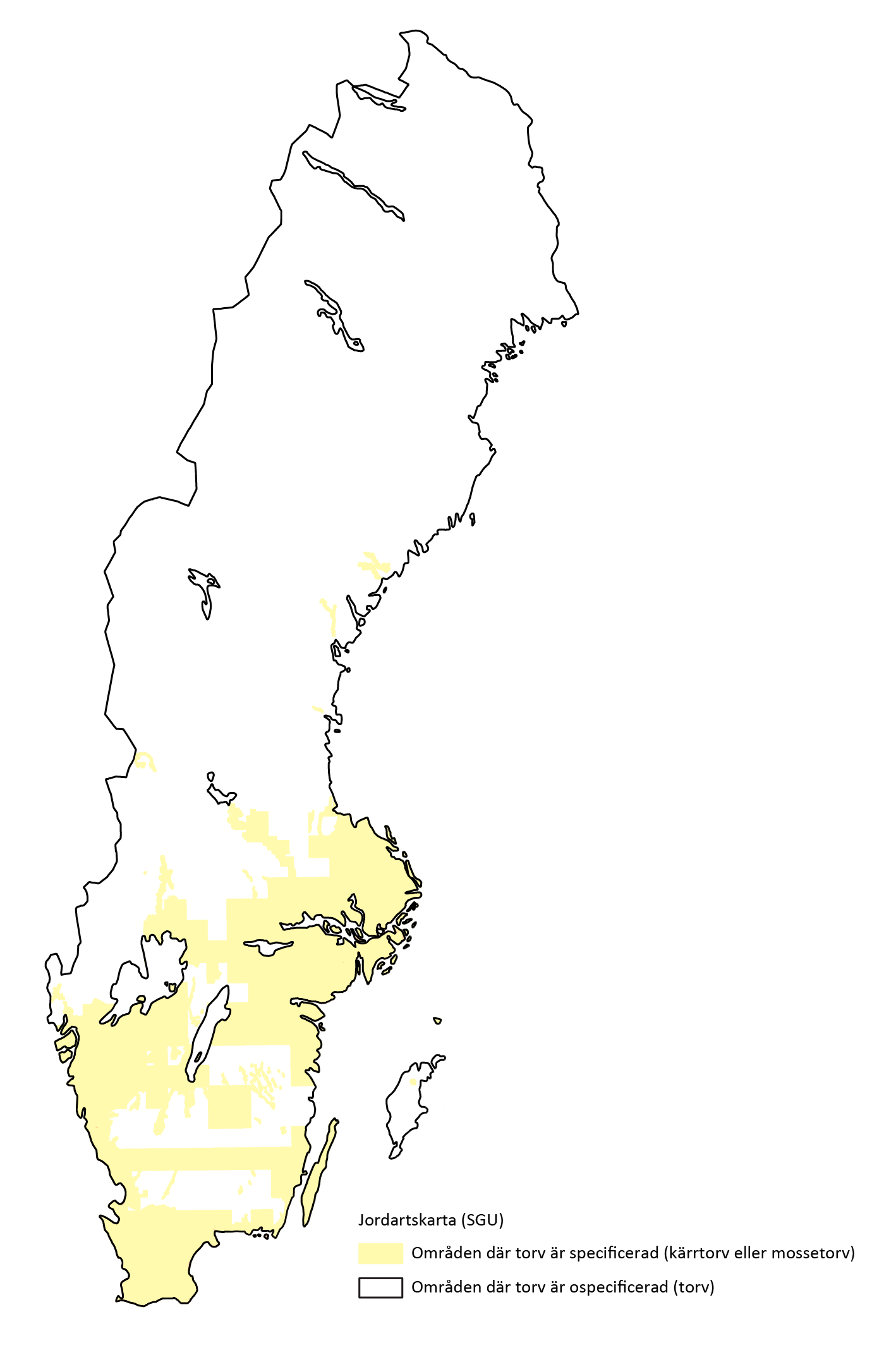 Karta som visar kärr- och mossetorv i olika delar av Sverige.