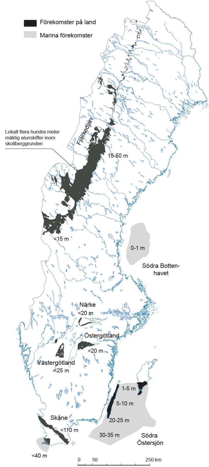 Karta över förekomster av alunskiffer i Sverige.