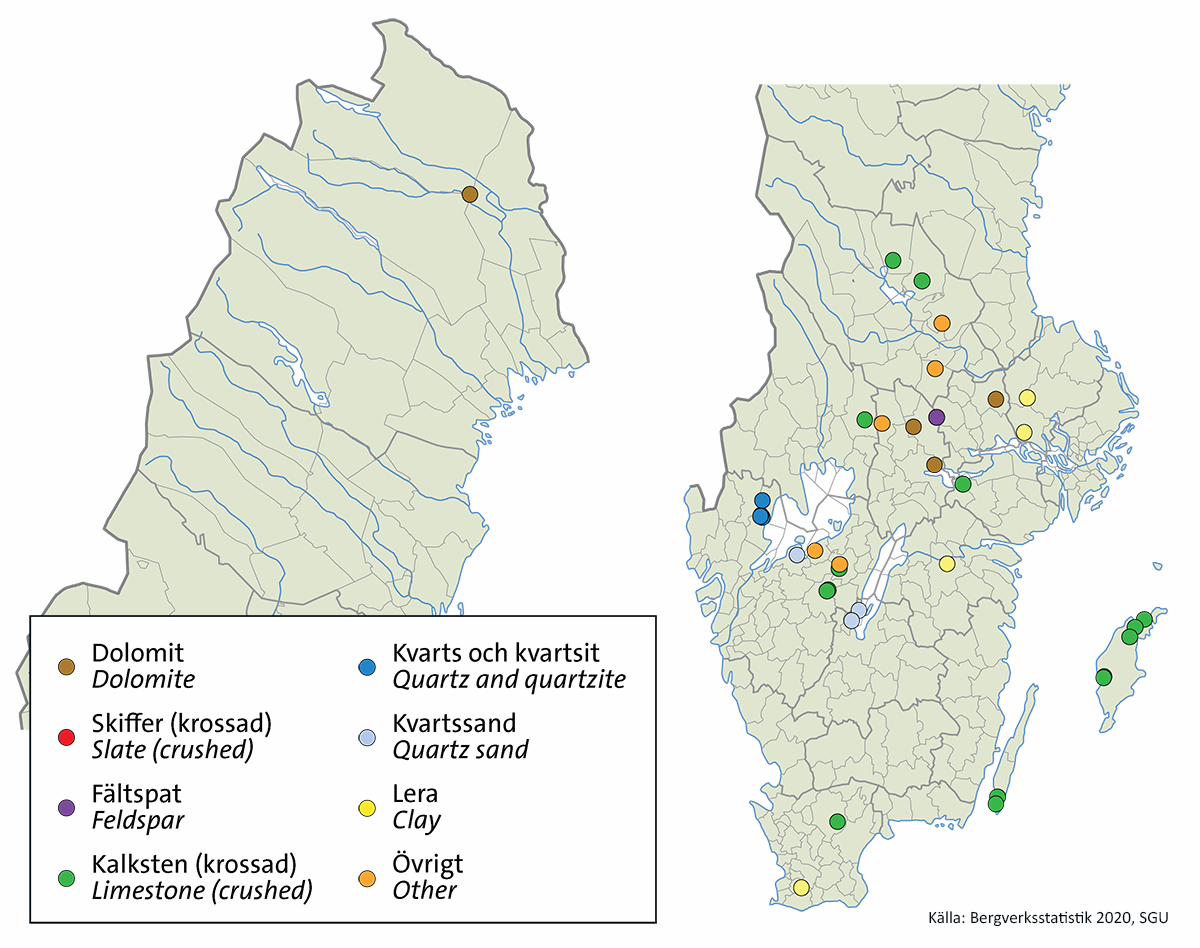Karta över Industrimineralproduktion i Sverige