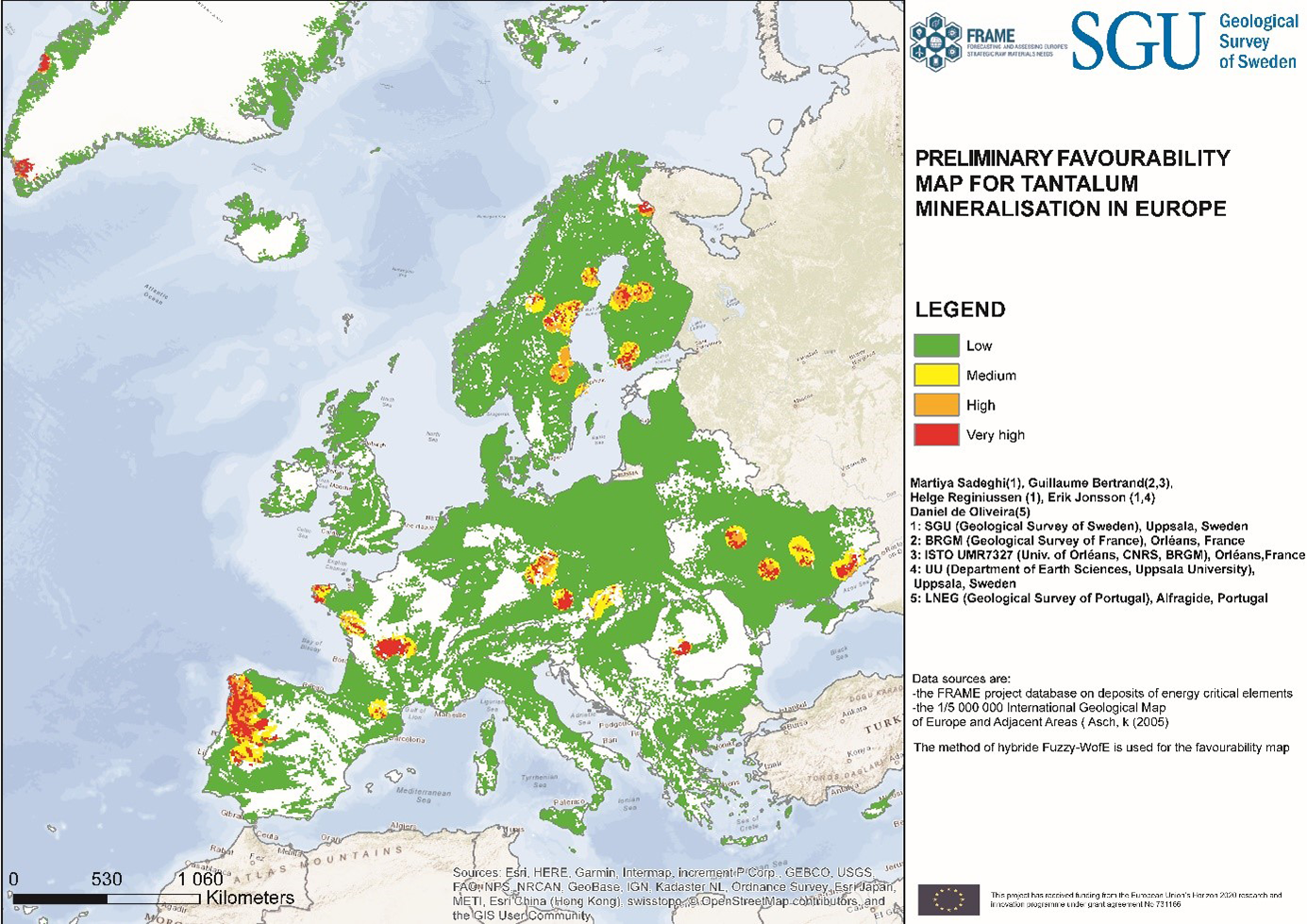 Karta. Exempel på översiktskarta av prospectivity-kartor för tantalmineraliseringar i Europa, producerad inom FRAME-projektet. Ilustration.