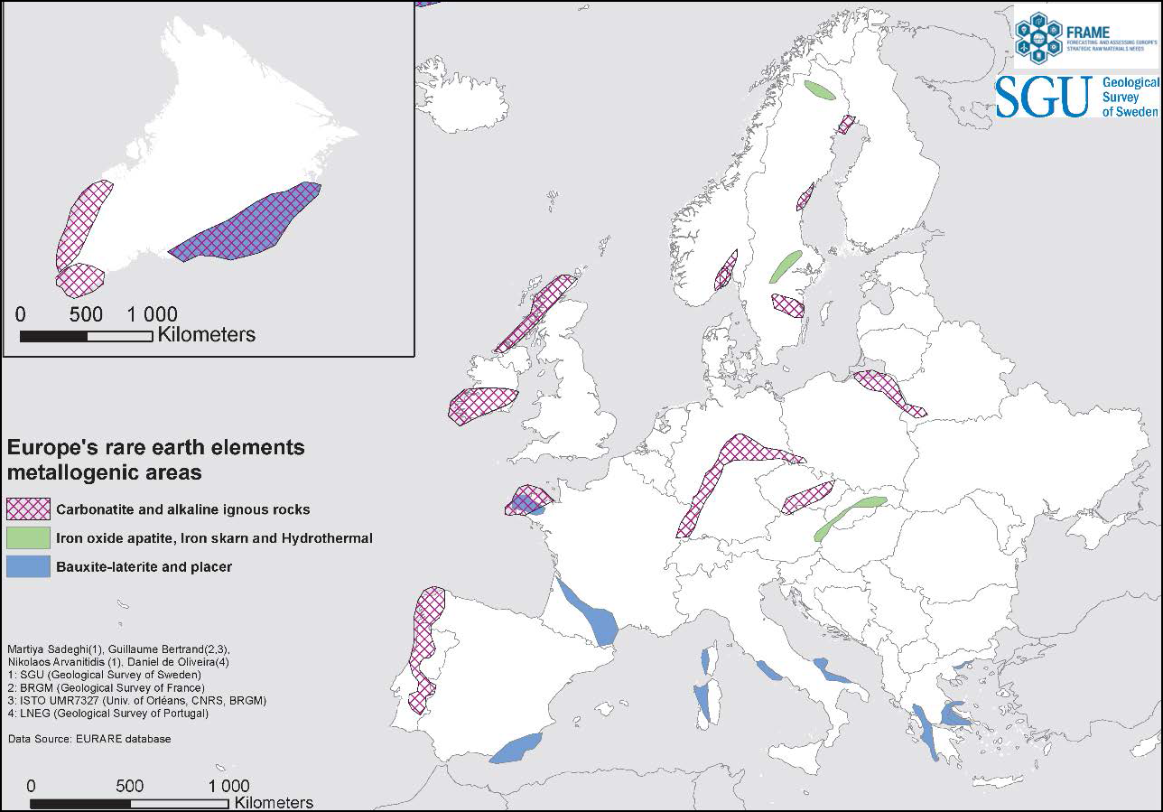 Karta som visar viktiga metallogena områden för sällsynta jordartsmetaller (REE) i Europa och tillhörande prospekteringspotential (reviderad version). Illustration.