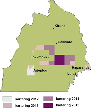 Karta som visar var SGU gör berggrundsgeologiska undersökningar i nordligaste Sverige under perioden 2012-2015.