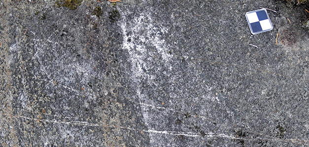 Skiktad gabbroisk sten. Foto. Skiktad gabbroisk sten. Foto.