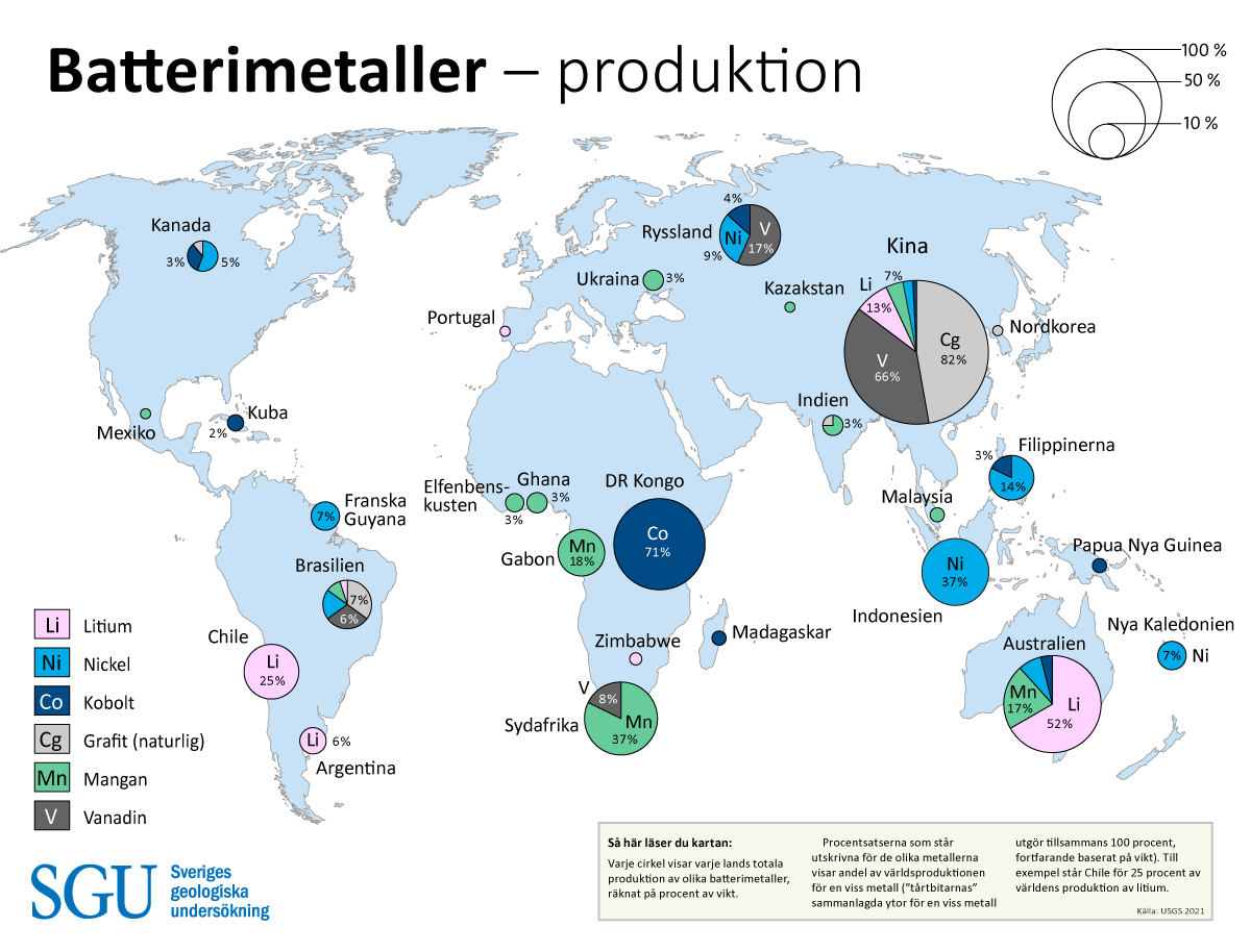 Världskarta med Produktion av batterimetaller
