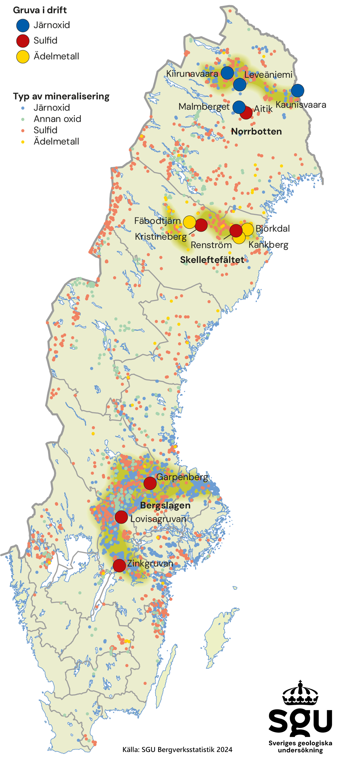 Karta över Sveriges gruvor och mineraliseringar.