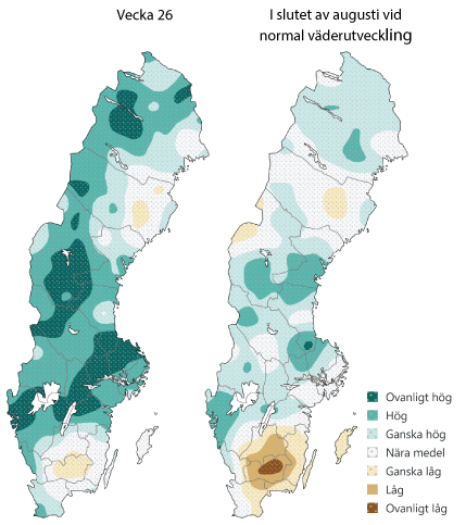 Kartor för stora grundvattenmagasin i juni och augusti 2024.