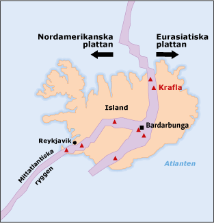 Illustration som visar hur litosfärplattorna glider isär på Island.