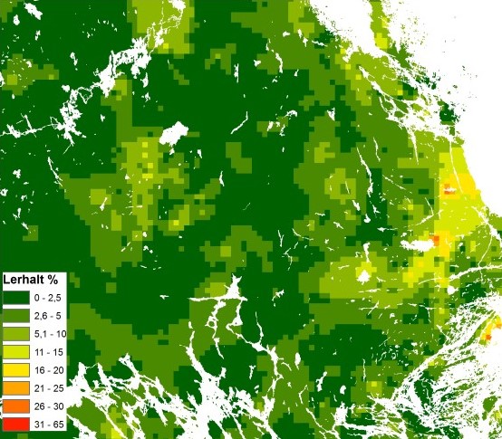 Kartbild &ouml;ver mor&auml;nens lerhalt i Uppland