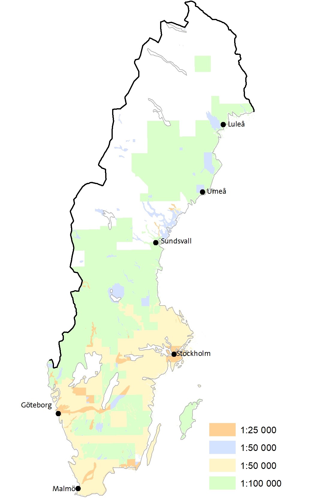 Karta som visar omr&aring;den d&auml;r det finns tillg&auml;ngliga jordartsdata.