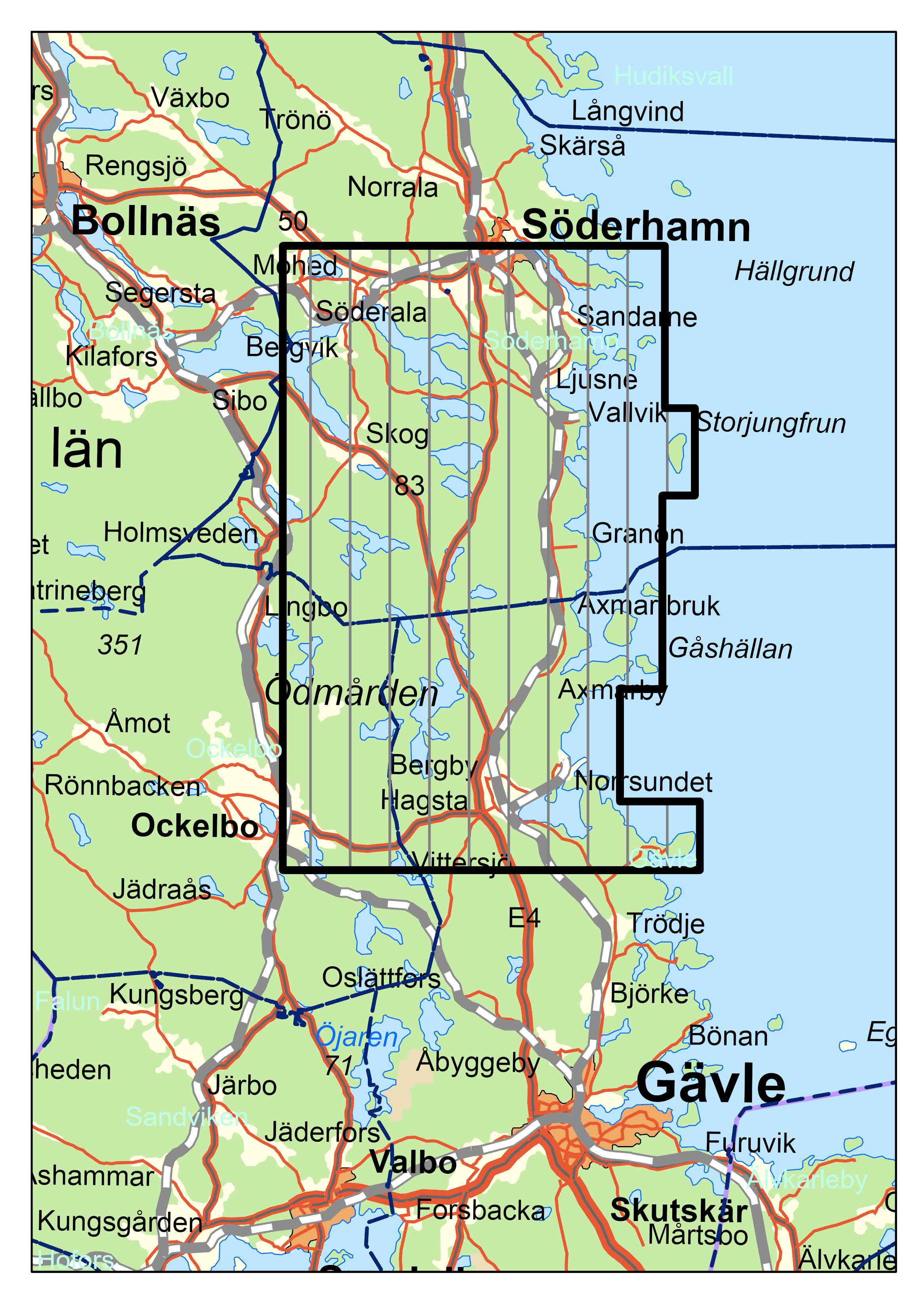 Karta över över område mellan Gävle och Söderhamn.