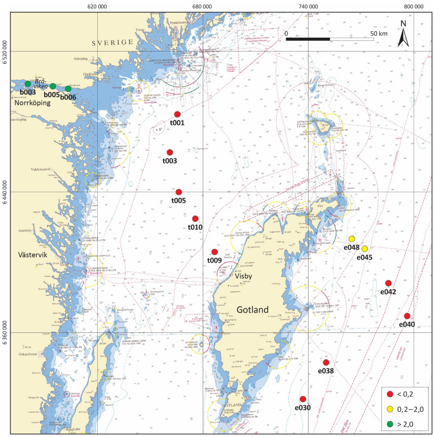 Bild som visar en karta av Gotland och fastlandet med provtagningspunkter i havet.