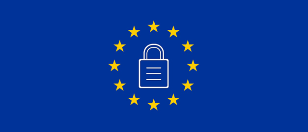 På bilden syns de gula EU-stjärnorna på mörklblå bakgrund. I mitten av stjärnorna finns ett tecknat lås.