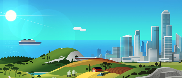 Illustration över landskap, hav och stad.