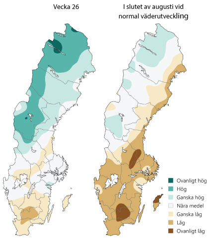Kartor för små grundvattenmagasin i juni och augusti 2024.