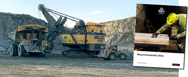 Collage med bild på gruva och omslag.