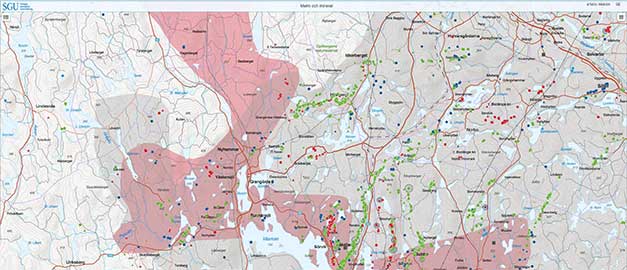 Section of a map from the map viewer Malm och mineral. Illustration. Section of a map from the map viewer Malm och mineral. Illustration.