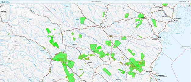 Utsnitt av en karta från kartvisaren Mineralrättigheter. Illustration. Utsnitt av en karta från kartvisaren Mineralrättigheter. Illustration.