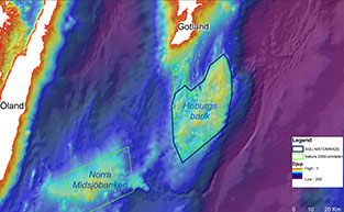 Bilden visar ett utsnitt fr&aring;n en maringeologisk karta &ouml;ver Hoburgs bank utanf&ouml;r Gotland, Sverige.
