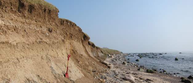 Foto av skärning i moränlera överlagrad av svallgrus vid kusten väster om Ystad. Bilden visar på aktiv erosion. Foto av skärning i moränlera överlagrad av svallgrus vid kusten väster om Ystad. Bilden visar på aktiv erosion.