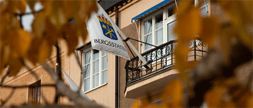 En flagga med Bergsstatens logotyp hänger utmed en tegelvägg. Foto.