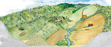 Schematisk bild över geologin på landsbygden. Illustration.