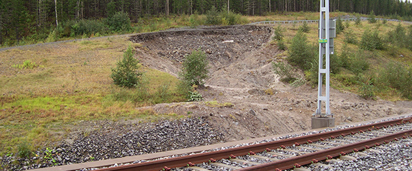 Bild på skred vid järnväg. Foto: Johan Norrlin/SGU.